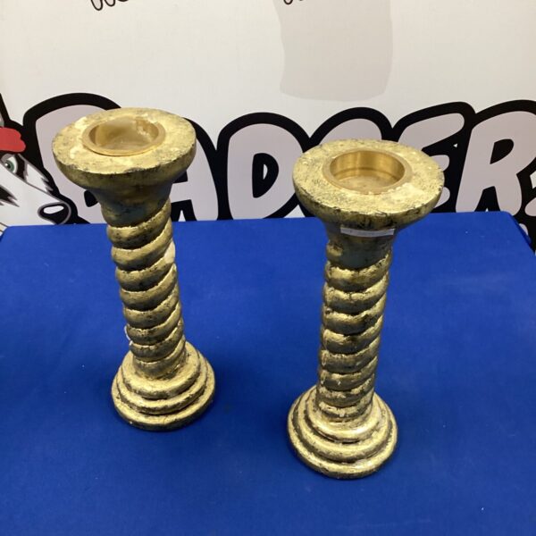 Pair of vintage Indonesian gold carved wooden candlesticks.