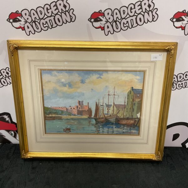 Vintage J E Carine oil painting of Isle of Wight castle and sailing boats.