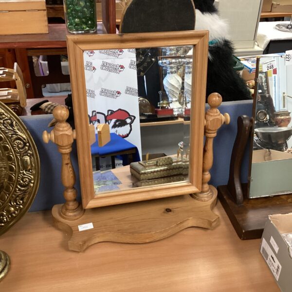 Vintage pine dressing table mirror with wooden frame.
