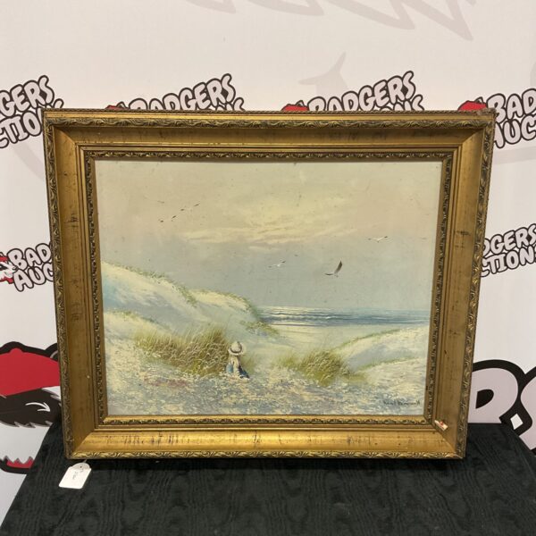 Vintage Robert Driscoll oil painting of a girl in sand dunes.