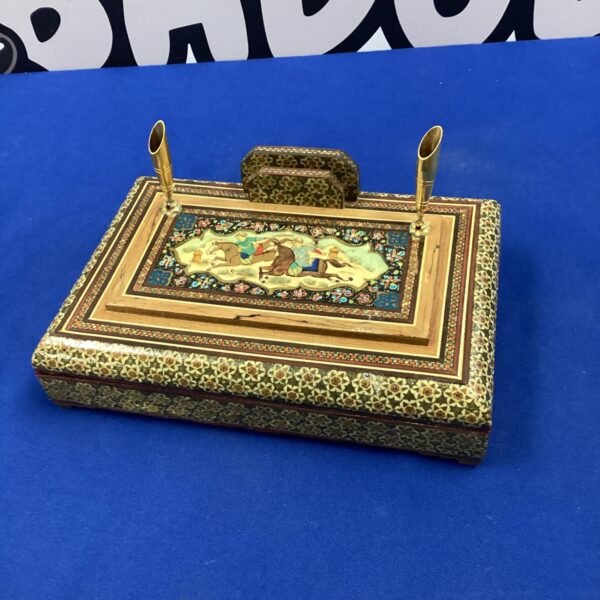 Vintage Middle Eastern pen holder with detailed horse race inlay.