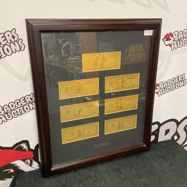 Framed gold leaf bank note set, US currency collectible.