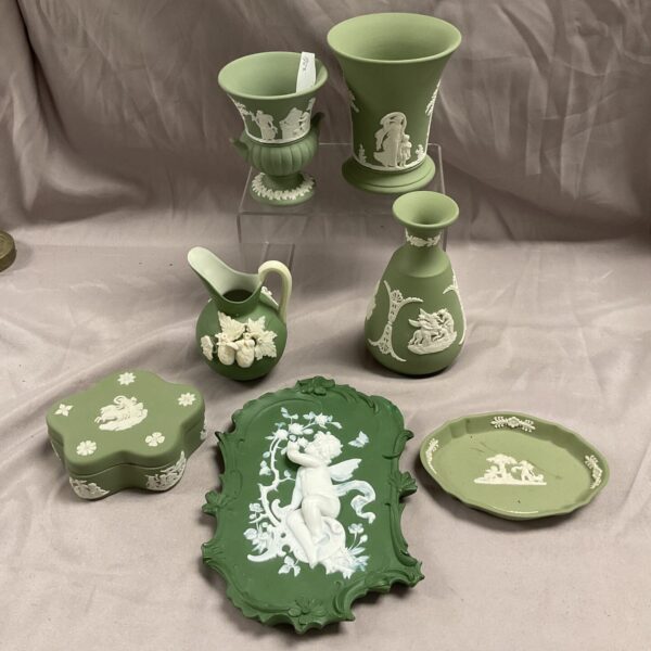 Antique Wedgwood green Jasperware plate and jug collection.