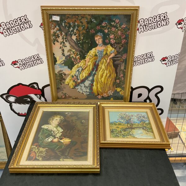 Vintage embroidered pictures in ornate gilt frames, antique wall art.