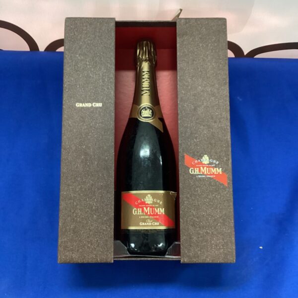 GH Mumm Grand Cru Champagne bottle in branded box.