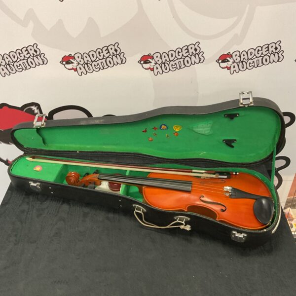 Skylark violin inside case with bow, string instrument.