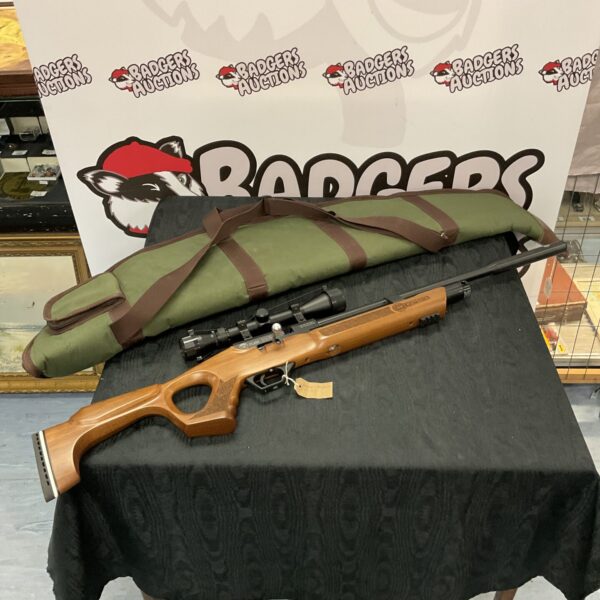 Hatsan Flash .22 cal air rifle with scope, detailed view.