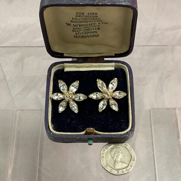 Vintage Art Deco floral earrings displayed in a velvet box.