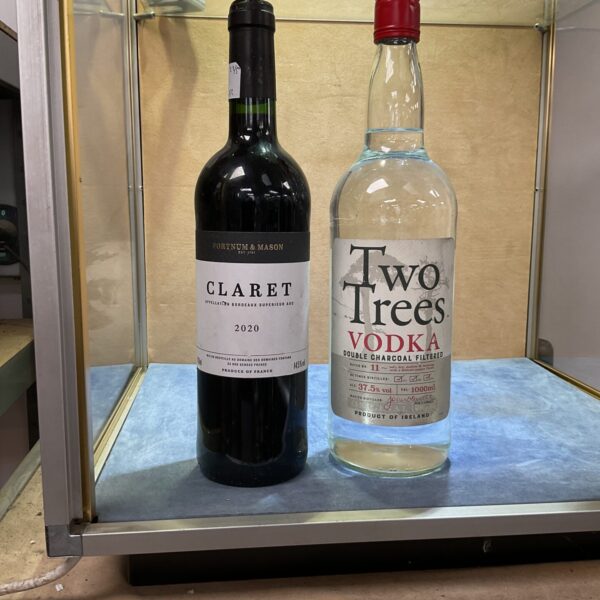Fortnum and Mason Claret and Vodka lot, featuring 750ml and 1L bottles.