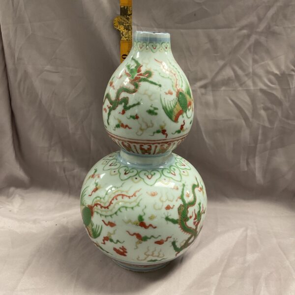 Vintage Chinese Famille Verte double gourd vase with dragon design.
