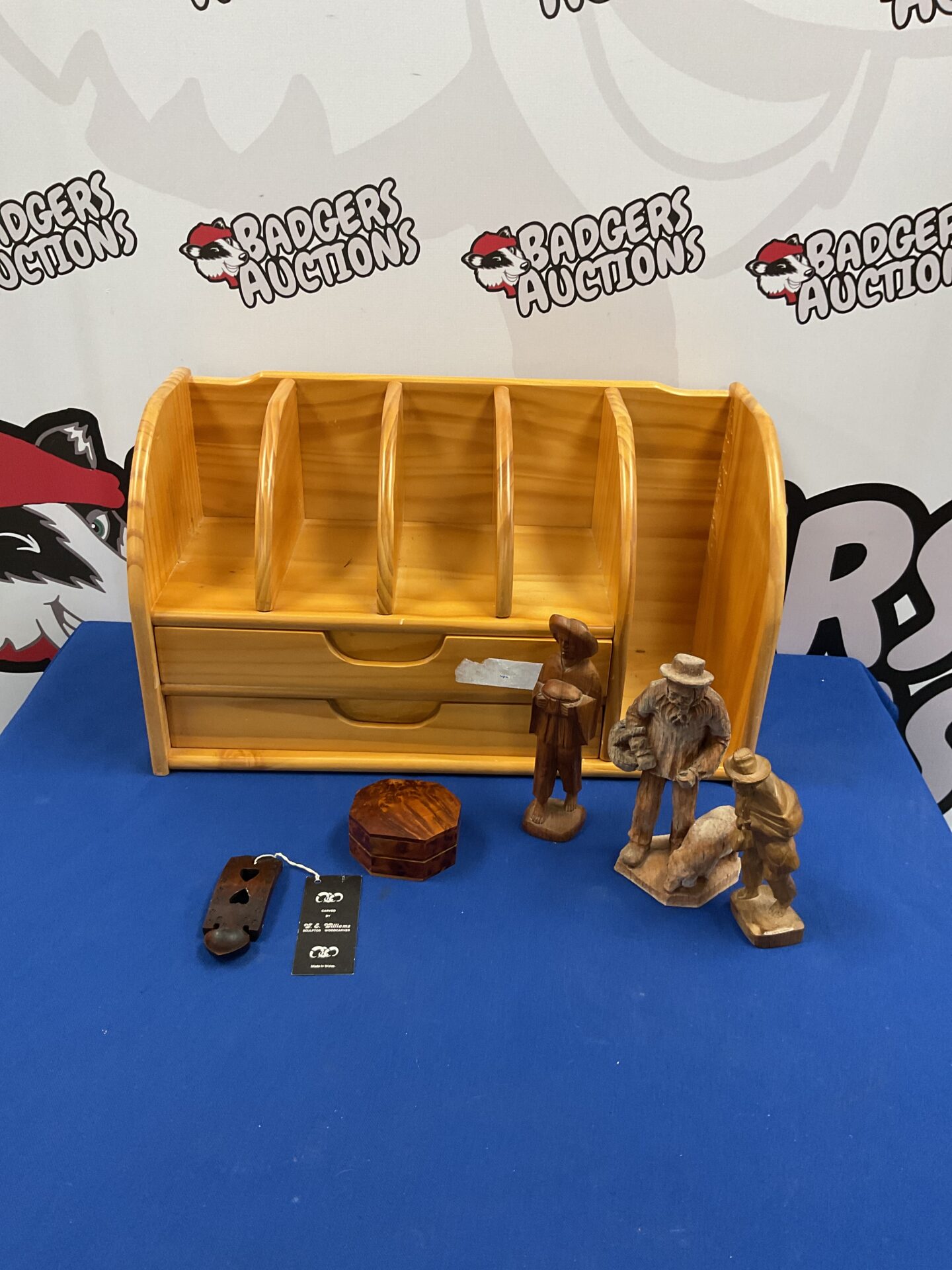 288 Desk top stationary unit and wooden figures inc love spoon