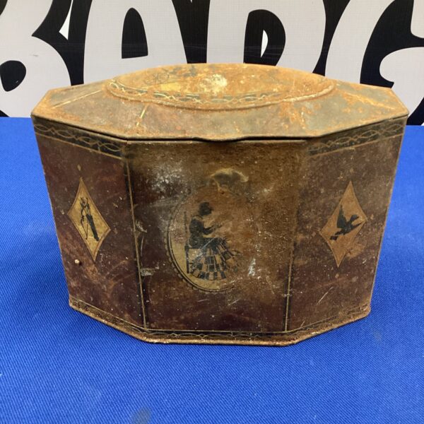 Antique W & R Jacob biscuit tin with Victorian lithograph.