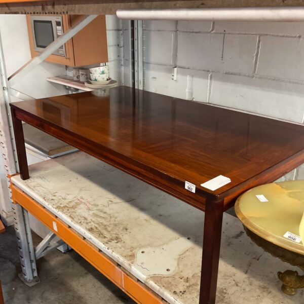 Front view of a vintage Heggen Norway marquetry coffee table.