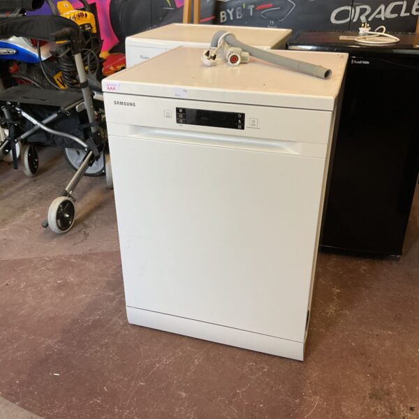 White Samsung dishwasher with control panel, front view.