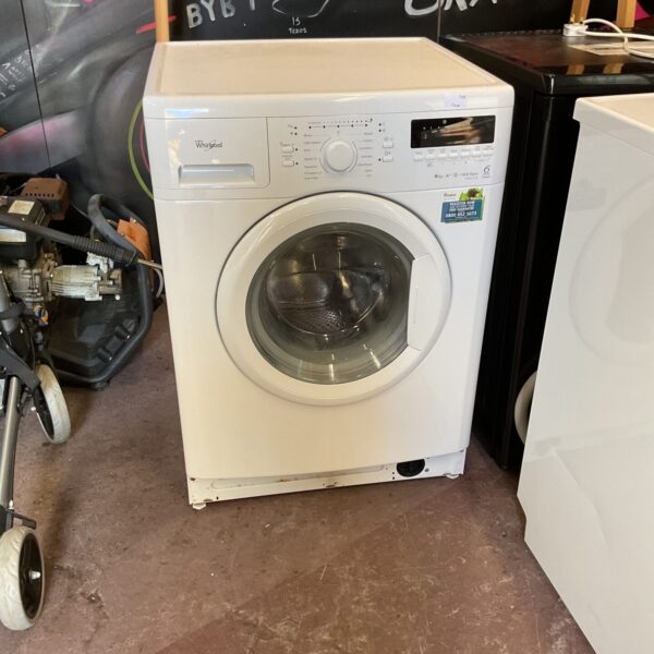 White Whirlpool 6th sense washing machine for laundry.