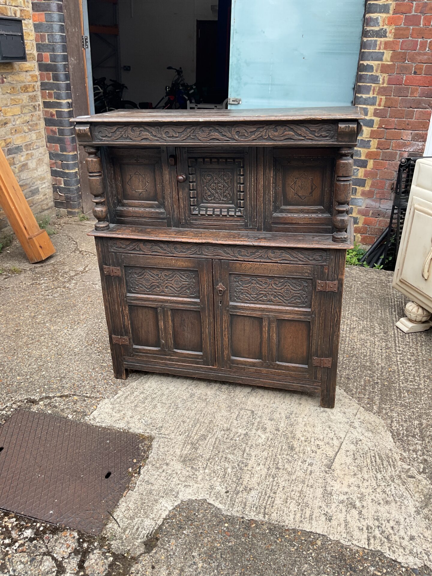 1004 Antique 17th century Oak Carved Indian Court Cupboard 43.5cmL X 49cmH approx