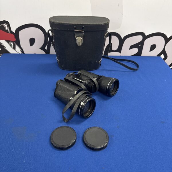 Vintage Mark Scheffel 10x50 binoculars with a black carrying case.