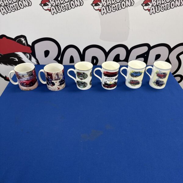 Assorted transport themed cups including VW camper and Mini Cooper.