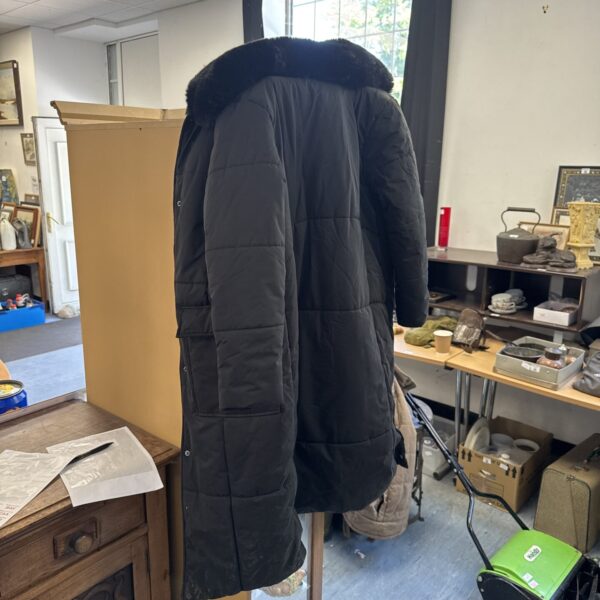 Ladies long coat with removable faux fur collar, size 8-10.