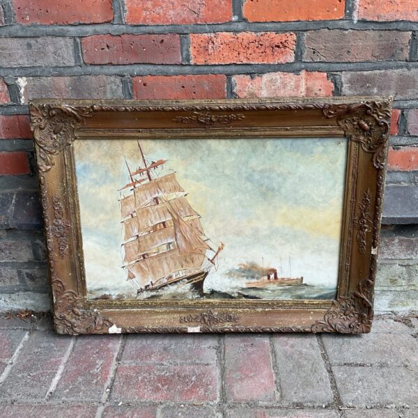 Antique oil painting of a barque sailing ship and steam boat at sea.