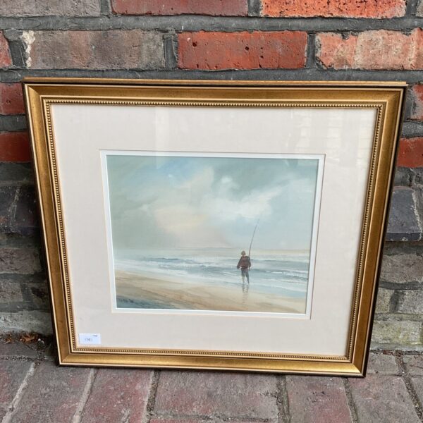 Peter Toms watercolour painting of a fisherman at sunset.