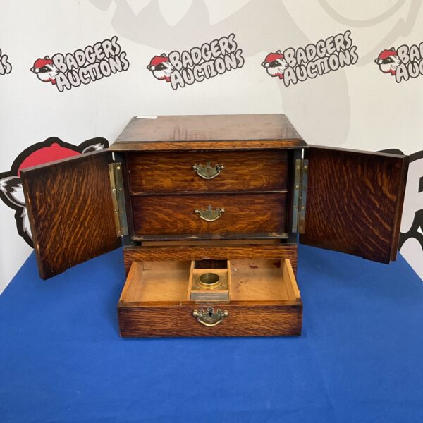 Antique oak stationary cabinet with key, Victorian era writing desk.