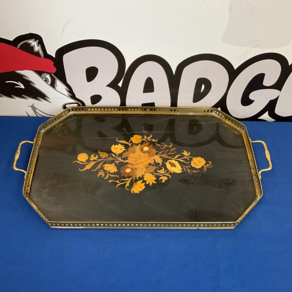 Vintage lacquered tray with floral marquetry design.