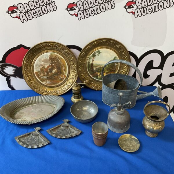 Vintage metalware lot featuring copper pots and watering can.