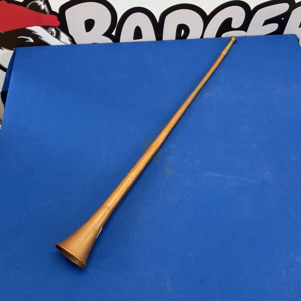 Vintage copper hunting horn, antique brass signalling instrument.