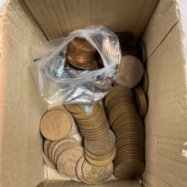 Collection of 1967 pre-decimal pennies in a plastic bag.