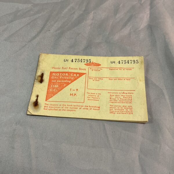 Vintage 1950s petrol ration book cover, up to 1100cc.