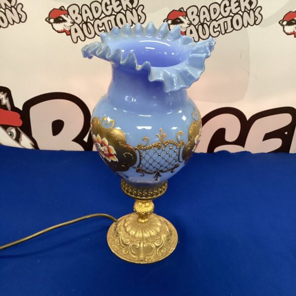 Vintage lilac glass lamp in Faberge style, decorative table lighting.