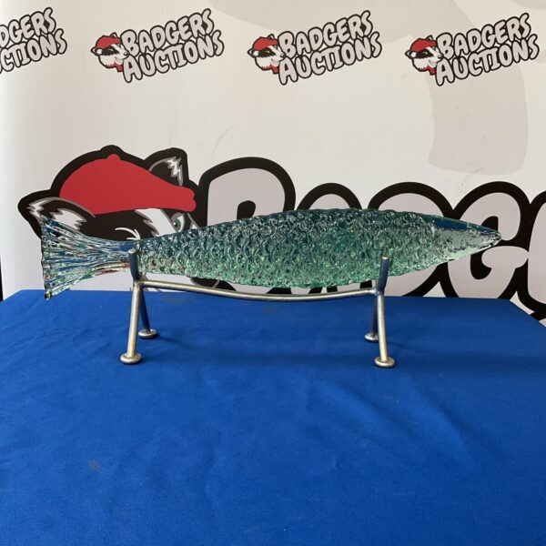 Vintage Palecek art glass fish sculpture on display stand.