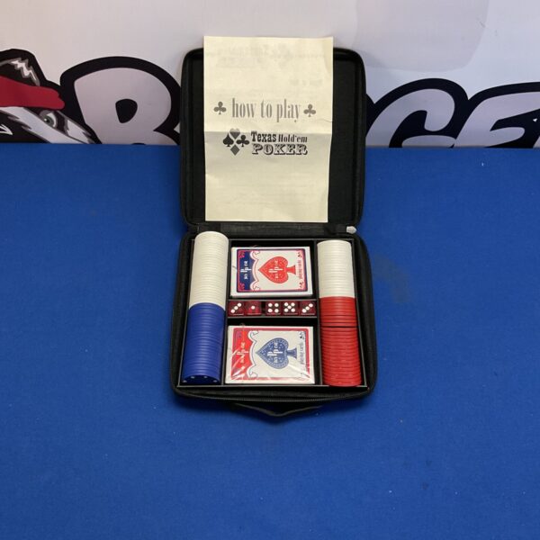 Sealed Texas Hold’em poker set with cards and chips inside a case.
