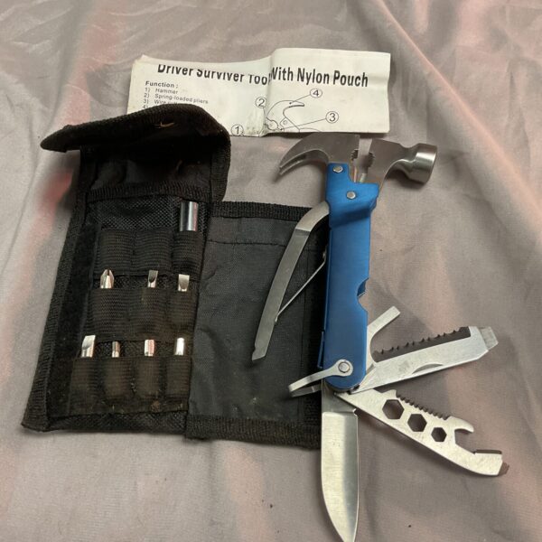 Stainless steel multitool with nylon pouch, a versatile survival tool.