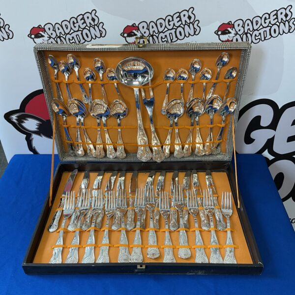 Large silver plate cutlery set with Kings pattern detailing.