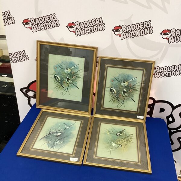 Framed set of four British bird prints for wall decor.
