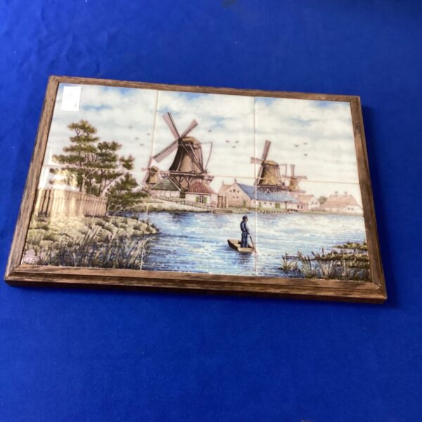 Vintage Makkum Dutch tiled picture of a canal scene with windmills.