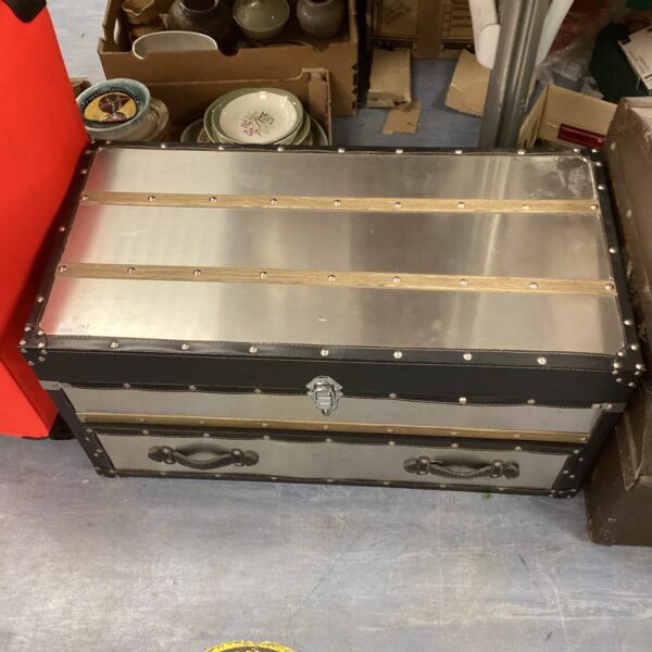 Vintage aluminium storage trunk with a single drawer, ideal for home decor.