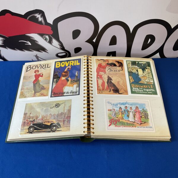 Front view of a ring-bound advertising postcard album with vintage Bovril and other cards.