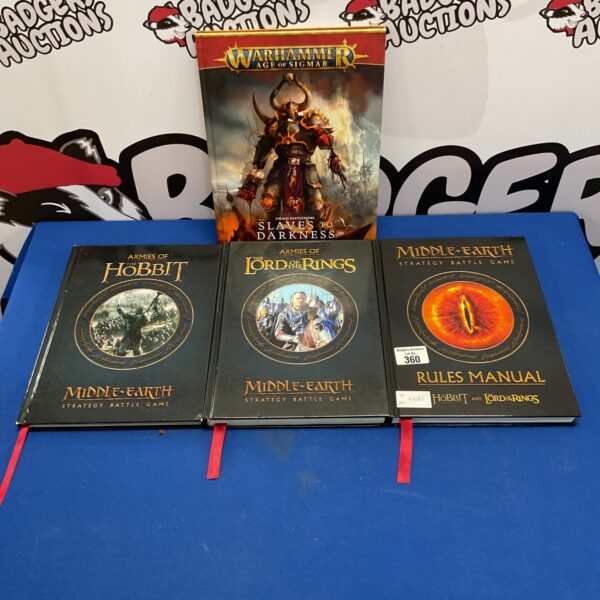 Warhammer books lot including Lord of the Rings and Hobbit rulebooks.