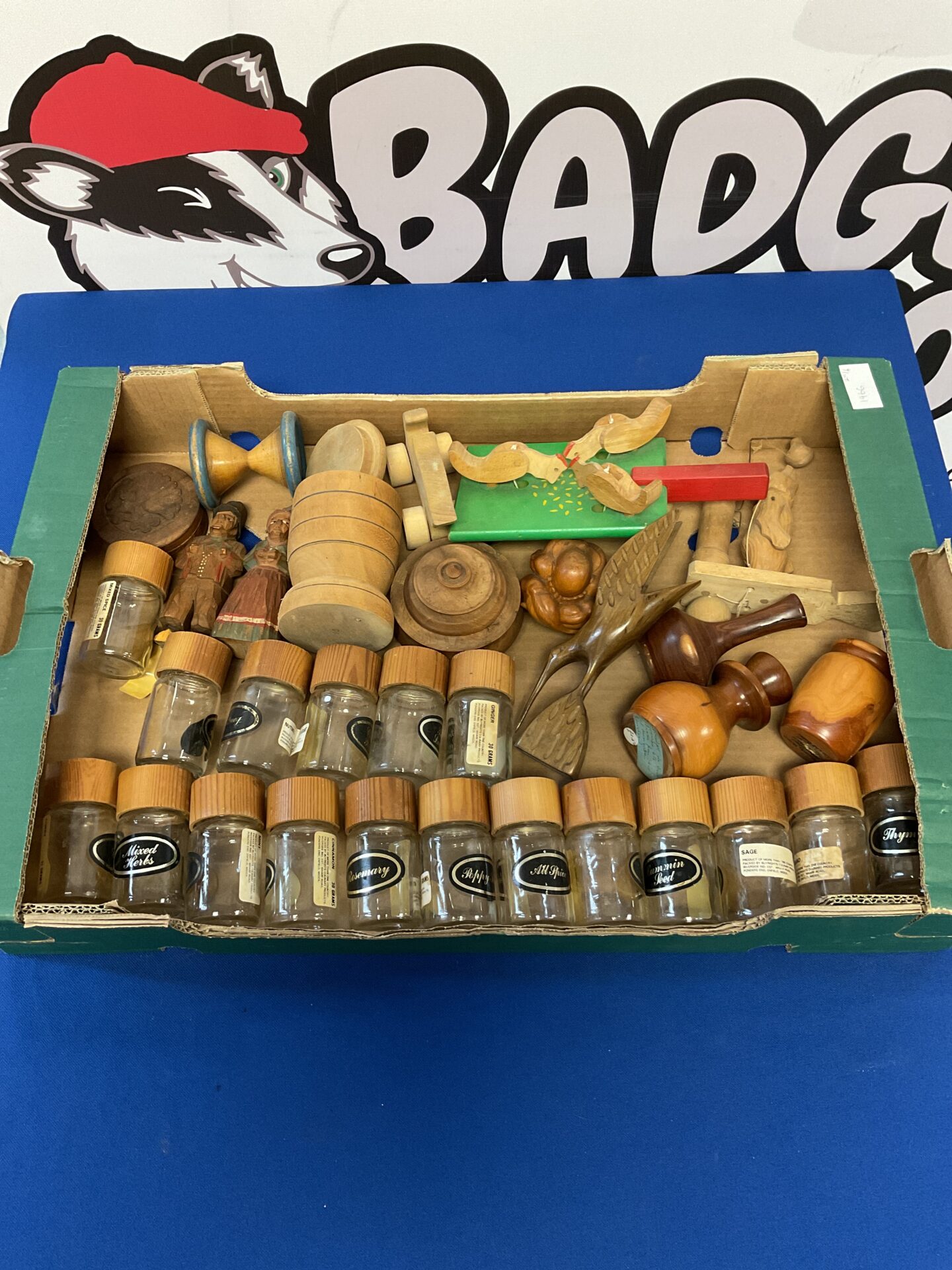 076 Tray of wooden items including spice jars