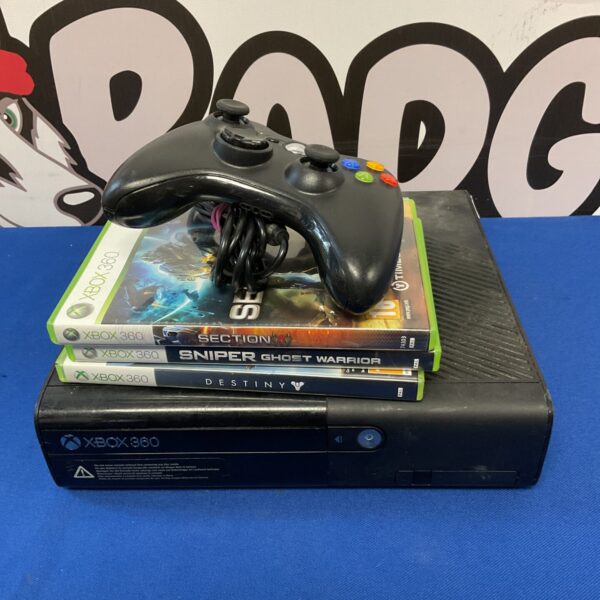 Microsoft Xbox 360 E console with controller and games displayed.