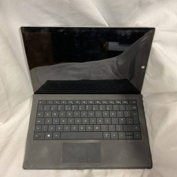 Microsoft Surface tablet with keyboard shown in a silver finish.