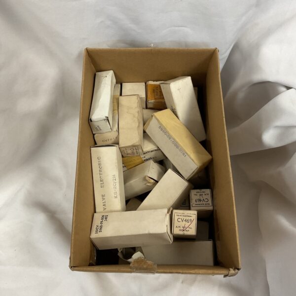 Vintage electronic valves including CV469 and CV7017 in a box.