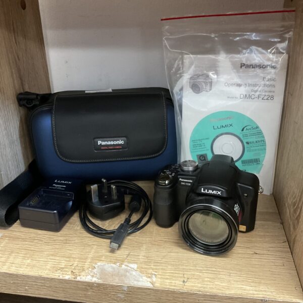 Panasonic Lumix DMC-FZ28 digital camera with protective case.