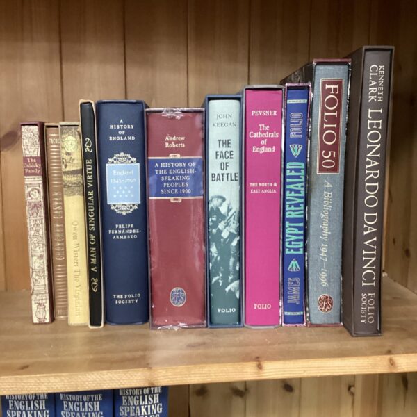 Folio Society books collection featuring Churchill, Keegan, and Pevsner.