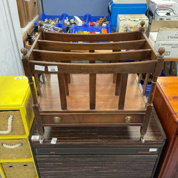 Antique Victorian mahogany Canterbury bookstand with ceramic casters.