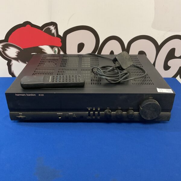 Black Harman Kardon HK 620 amplifier with remote control.