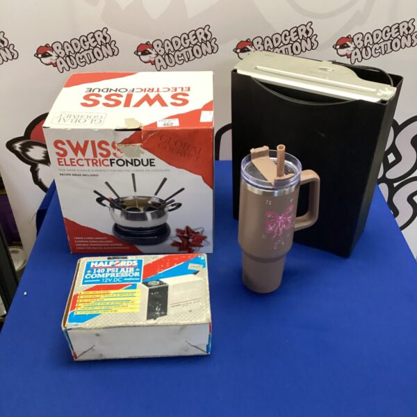 Swiss fondue set with air compressor and other items in a mixed lot.